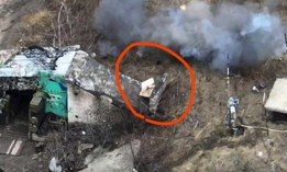 This image, annotated to highlight a Starlink terminal, was provided by a Ukrainian source who called it a screenshot of video from a Ukrainian drone participating in a strike on a Russian position inside Ukraine.