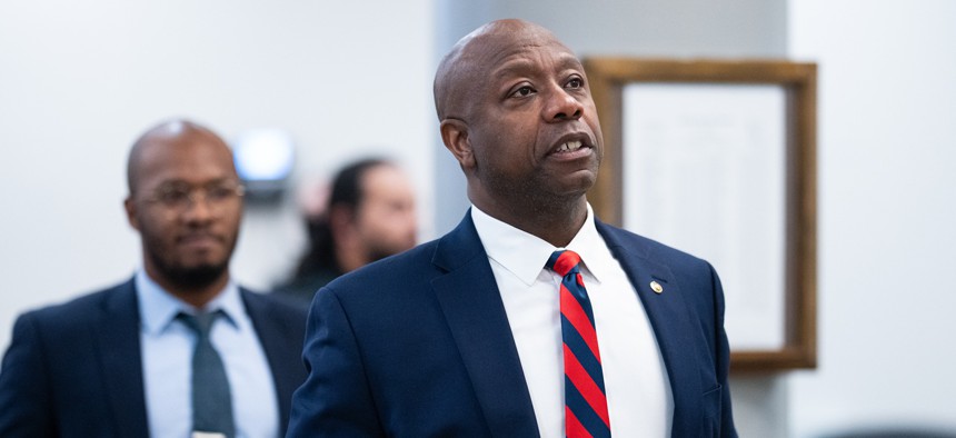 Sen. Tim Scott, R-S.C., walks through the Senate subway in the U.S. Capitol on Dec. 4, 2024. Scott joined Rep. French Hill, R-Ark., in calling for the Treasury secretary to brief lawmakers on the details of a recent intrusion into agency systems.