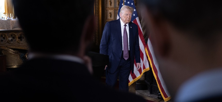 President-elect Donald Trump leaves after speaking to members of the media during a press conference at the Mar-a-Lago Club on Jan. 7, 2025 in Palm Beach, Fla. 