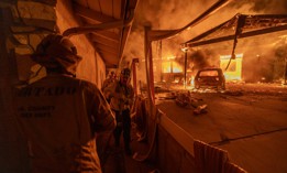 Firefighters battle the Eaton Fire on Jan. 8, 2025, in Altadena, Calif. Hundreds of U.S. Forest Service personnel are on the frontlines of the fires, and the Federal Emergency Management Agency is helping to coordinate the federal response.