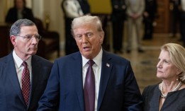 President-elect Donald Trump speaks to the media as Sens. John Barrasso, R-Wyo., and Shelley Moore Capito, R-W.V., look on at the U.S. Capitol on Jan. 8, 2025. Trump is pushing Senate Republicans to quickly confirm his nominees. 