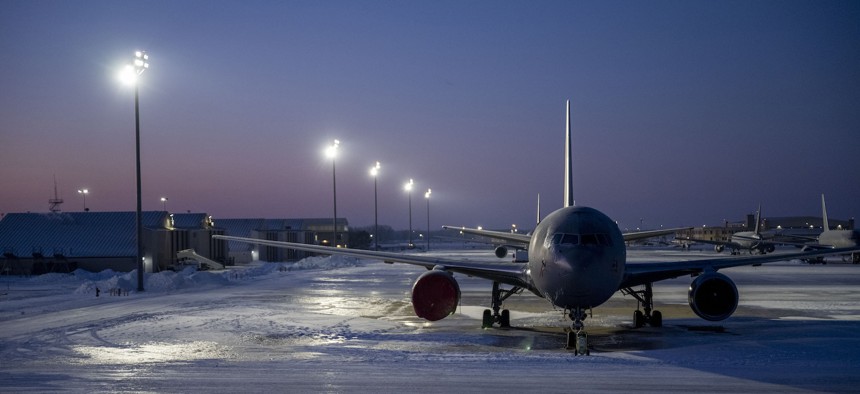 A KC-46A Pegasus parked in the mass aircraft parking area at McConnell Air Force Base, Kansas, Jan. 8, 2025. 