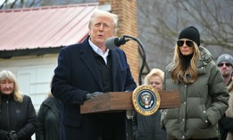 President Donald Trump speaks while visiting a neighborhood affected by Hurricane Helene in Swannanoa, North Carolina, on Jan. 24, 2025. 