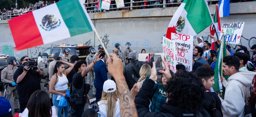 Thousands of people rallied in Los Angeles on Feb. 2, 2025, to protest President Trump's crackdown on illegal immigration and his aggressive deportation policies.