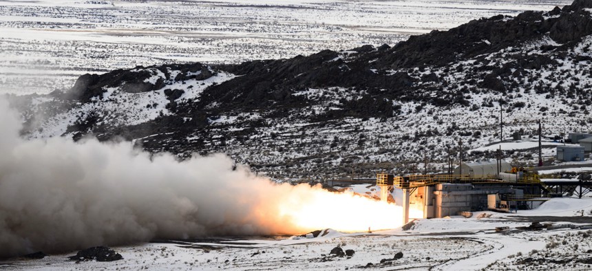 The Air Force Nuclear Weapons Center conducted its first full-scale static test fire of the LGM-35A Sentinel stage-one solid rocket motor at the Northrop Grumman test facility in Promontory, Utah, March 2, 2023.