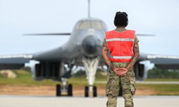 A B-1 of the 34th Expeditionary Bomb Squadron awaits the queue to begin taxiing in support of Bomber Task Force 25-1 at Andersen Air Force Base, Guam, on Feb. 4, 2025.