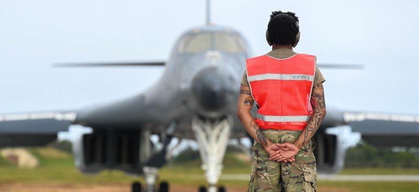 A B-1 of the 34th Expeditionary Bomb Squadron awaits the queue to begin taxiing in support of Bomber Task Force 25-1 at Andersen Air Force Base, Guam, on Feb. 4, 2025.