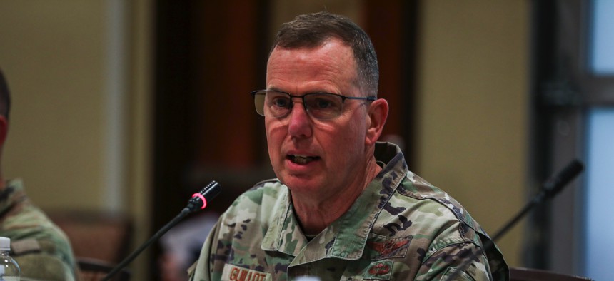 Gen. Gregory Guillot, who leads North American Aerospace Defense Command and U.S. Northern Command, speaks to Colorado National Guard members in Fort Carson, Colorado, in October 2024. 