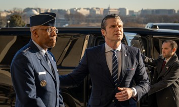 Gen. C.Q. Brown, left, with Defense Secretary Pete Hegseth on Hegseth's arrival to the Pentagon, Jan. 27, 2025. 