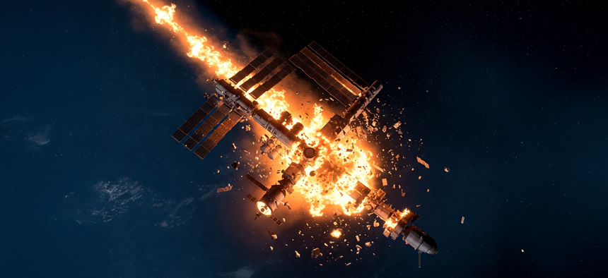 An AI generated image of ISS being deorbited.