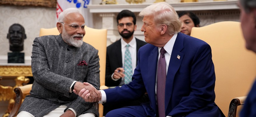 U.S. President Donald Trump and Indian Prime Minister Narendra Modi meet at the White House on February 13, 2025. 