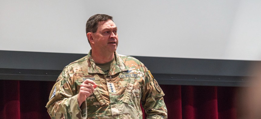 U.S. Space Force Gen. Chance Saltzman, Chief of Space Operations, briefs the AY 25 class of the Air War College at Maxwell Air Force Base, Alabama, Sept. 27, 2024. 