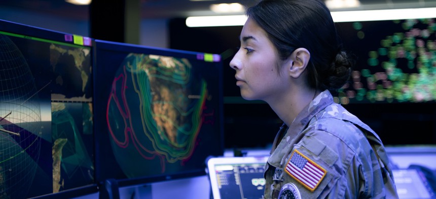 U.S. Space Force 1st Lt. Tia Scoggan, weapons and tactics section chief for the 18th Space Defense Squadron Det. 1, at Schriever Space Force Base, Colorado, Oct. 5, 2022.