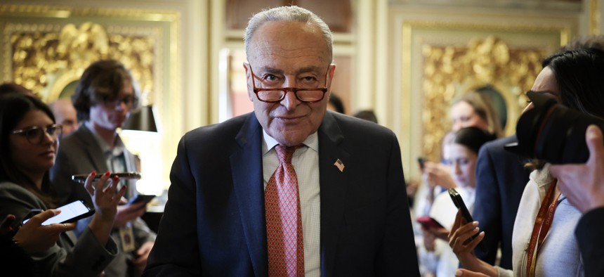 Senate Minority Leader Chuck Schumer, D-N.Y., leaves the Democratic caucus lunch at the U.S. Capitol on March 13, 2025. 