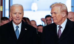 Joe Biden and Donald Trump arrive for the inauguration ceremony where Trump was sworn in as the 47th president in the Capitol Rotunda on Jan. 20, 2025.