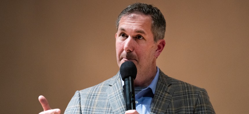 Rep. Johnny Olszewski, D-Md., speaks during a town hall at Woodlawn High School in Woodlawn, Maryland, on March 20, 2025.