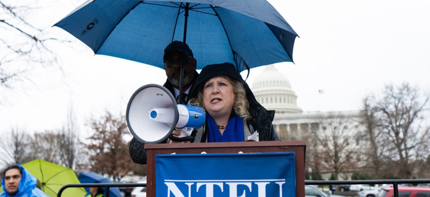 National Treasury Employees Union National President Doreen Greenwald speaks during a rally near the Capitol on March 5, 2025. NTEU is one of the organizations behind the new legal network.
