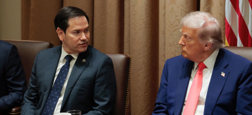 Secretary of State Marco Rubio speaks alongside President Donald Trump during a cabinet meeting at the White House on April 10, 2025.