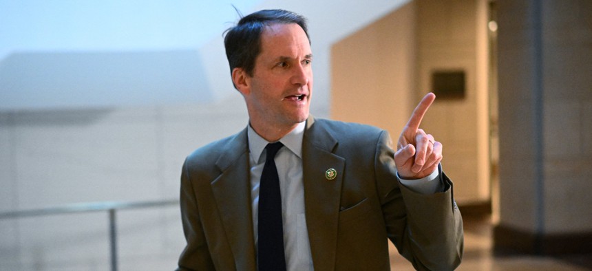 Rep. Jim Himes, D-Conn., speaks to reporters as he arrives for an intelligence briefing by National Security Advisor Jake Sullivan in the U.S. Capitol on Feb. 15, 2024. Himes said April 23 that the chaos caused by recent government changes may be exploited by China.
