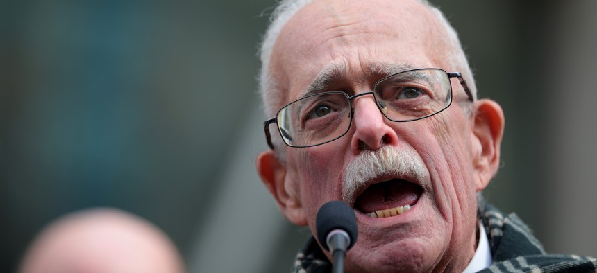 Rep. Gerry Connolly, D-Va., speaks outside of U.S. Agency for International Development headquarters on Feb. 3, 2025, in Washington, D.C.