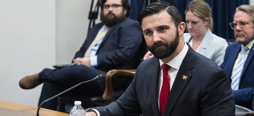 Acting FEMA Administrator Cam Hamilton testifying at a Homeland Security Subcommittee Hearing on Oversight on Capitol Hill on May 7, 2025.