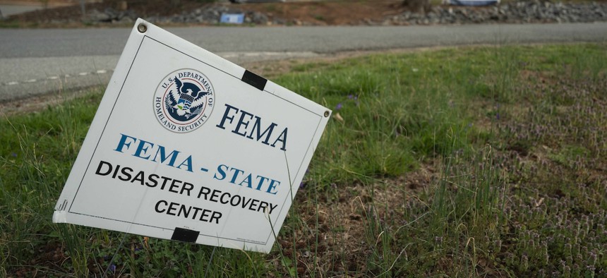 A sign is seen outside the FEMA Disaster Recovery Center at the Fairview Public Library on March 29, 2025 in Fairview, N.C.