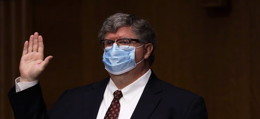Brian Miller is sworn in during a hearing on May 5, 2020, on Capitol Hill. Miller served as the Special Inspector General for Pandemic Recovery until the office sunsetted on March 27.