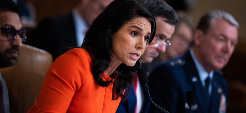Tulsi Gabbard, director of National Intelligence, FBI Director Kash Patel, left, CIA Director John Ratcliffe, and Lt. Gen. Jeffrey A. Kruse, far right, director of the Defense Intelligence Agency, testify during the House Select Intelligence Committee hearing titled "Worldwide Threats Assessment," on March 26, 2025.