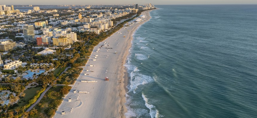 An aerial view of the coastline in Miami, Florida.