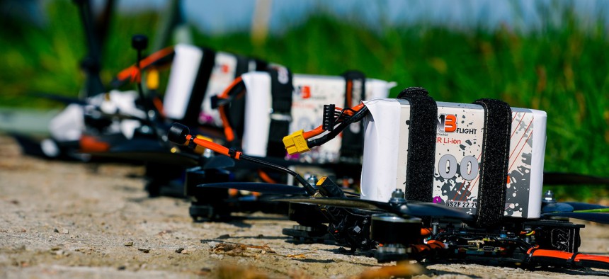 Quadcopters are staged for test flights during 2nd Multi-Domain Task Force exercise Arcane Thunder 25 at a training area near Ustka, Poland, May 14, 2025.