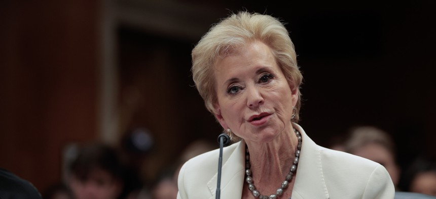 Education Secretary Linda McMahon testifies before a Senate panel on Capitol Hill on June 3, 2025. Congressional Democrats asked her in a letter to commit to cooperating with an inspector general investigation.