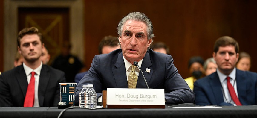 Interior Secretary Doug Burgum testifies before a Senate Appropriations panel on May 21, 2025. Burgum said the effort to speed up permitting is relevant for the administration's push to “drill more, map more, mine more and build more.”