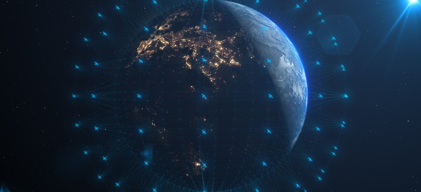 Illustration depicting satellite coverage for telecom services.