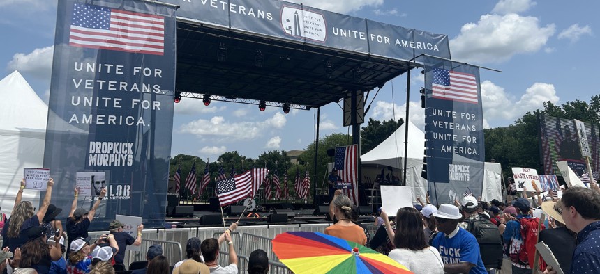 Protesters gather on the National Mall on June 6, 2025, to oppose job cuts at the Veterans Affairs Department.