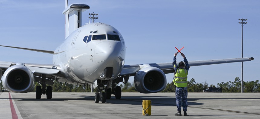 A Boeing E-7A Wedgetail of the Royal Australian Air Force reaches its parking area during Checkered Flag 24-1 at Tyndall Air Force Base, Florida, Nov. 1, 2023.