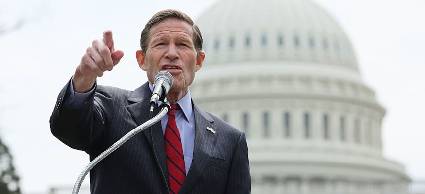 Sen. Richard Blumenthal, D-Conn., speaks at the rally to Say NO to Tax Breaks for Billionaires & Corporations at the U.S. Capitol on April 10, 2025.