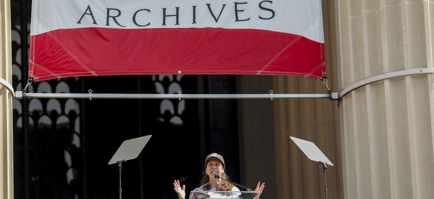 Colleen Shogan, the Archivist of the United States, speaks to the crowd gather at the steps of The National Archives in downtown Washington D.C. on July 4, 2024. Shogan was removed from the role by the Trump administration in February.