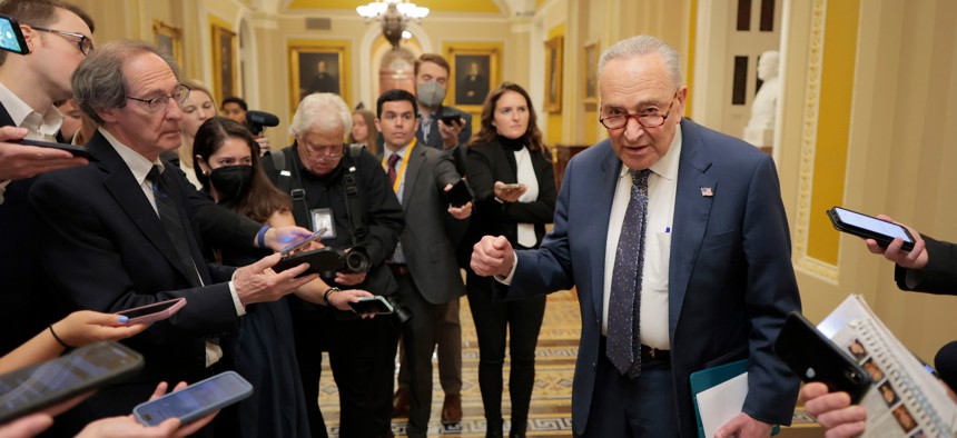 Senate Minority Leader Chuck Schumer, D-N.Y., speaks to reporters after attending a closed-door Senate-wide briefing on threats to lawmakers at the U.S. Capitol on June 17, 2025 in Washington, D.C.