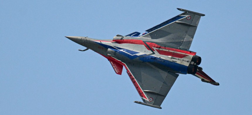A Rafale fighter jet performs at the Paris Air Show at Le Bourget Airport on June 17, 2025.