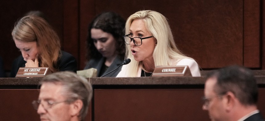 DOGE Subcommittee chair Marjorie Taylor Greene, R-Ga., speaks during a hearing on trans people in women's sports on Capitol Hill in Washington, D.C., on May 7, 2025. Greene and other Republicans on the committee spared with Democrats on teh effectiveness of DOGE and its efforts at a June 24 hearing.