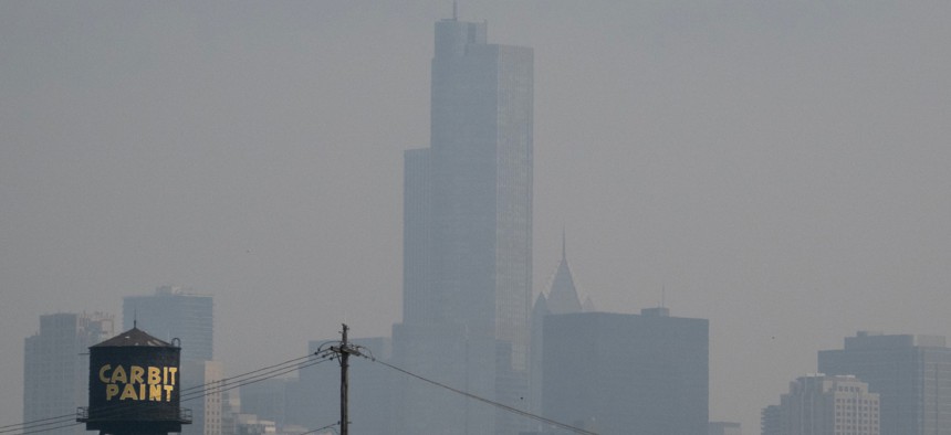 Smoke from Canadian wildfires drift blankets the city, obscuring the view of the city's skyline on June 5, 2025 in Chicago, Illinois.