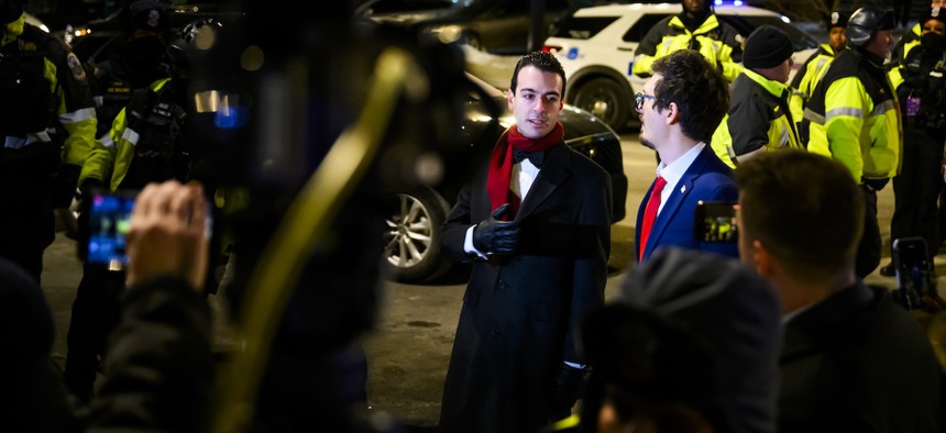 Paul Ingrassia (left) announces the release of brothers Andrew and Matthew Valentin outside of the D.C. Central Detention Facility on Jan. 20, 2025. President Trump issued pardons to over 1,500 people who were charged with crimes related to Jan. 6, 2021 attack on the U.S. Capitol.