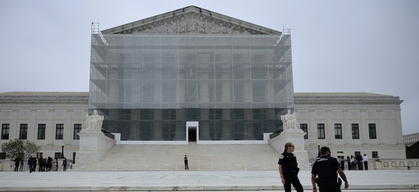 The plaza in front of the U.S. Supreme Court building is closed on the final day of this term on June 27, 2025. The court ruled 6-3 to limit the use of nationwide injunctions.