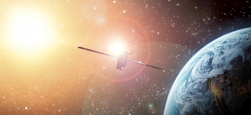 On-orbit render of a spacecraft resembling Evolved Strategic Satellite Communications (ESS) satellite.