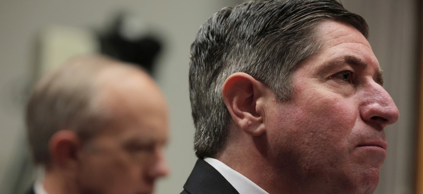 Scott Kupor (right) testifies during his confirmation hearing on April 3, 2025. He was confirmed as director of the Office of Personnel Management on Wednesday.