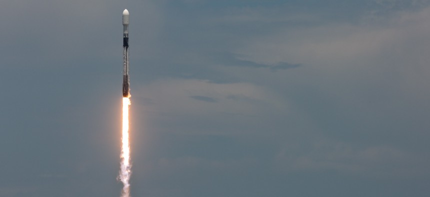 A SpaceX Falcon 9 rocket lifts off from launch pad 40 at the Cape Canaveral Space Force Station with the GPS III - SV 08 satellite, May 30, 2025.