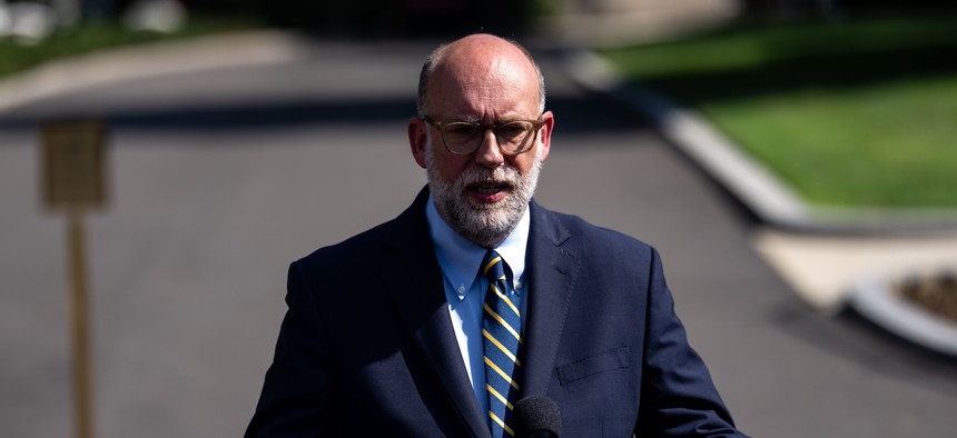 Office of Management and Budget Director Russ Vought talks to reporters on July 17, 2025. More than two years ago, Congress began requiring OMB to publicly post apportionment information.