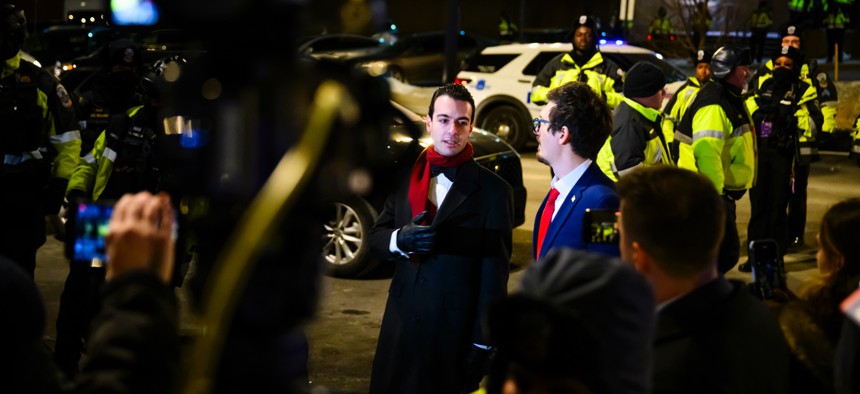 Paul Ingrassia, White House Liaison to the Justice Department and U.S. Special Counsel nominee, left, announces the release of brothers Andrew and Matthew Valentin outside of the D.C. Central Detention Facility on Jan. 20, 2025 in Washington, D.C.