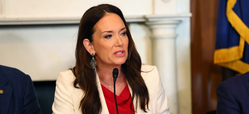 Agriculture Secretary Brooke L. Rollins speaks during a roundtable discussion on soil health in the Mike Mansfield Room at the U.S. Capitol on July 15, 2025.