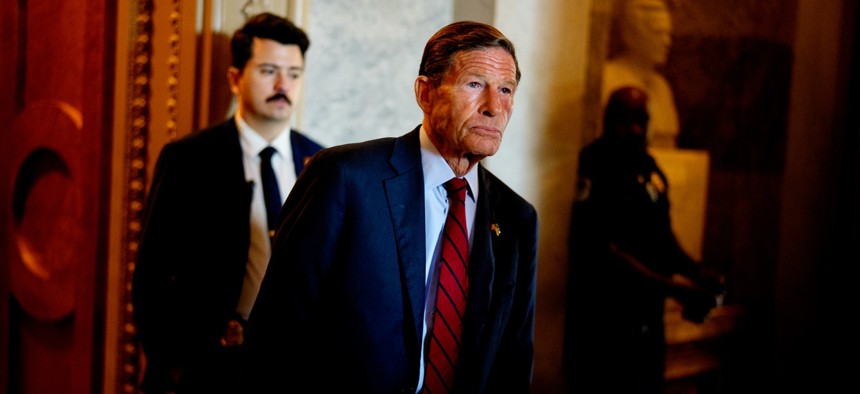 Sen. Richard Blumenthal, D-Conn., walks off the Senate floor at the U.S. Capitol Building on June 30, 2025. Blumenthal sent letters to 20 inspectors general on July 31 calling for them to tally the full cost of DOGE.